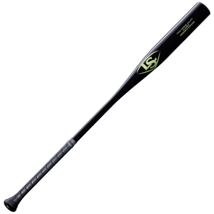 Crafted for durability and performance, the Louisville Slugger Pro Prime Alloy Fungo (-13) 35″ Black Training Bat (WBL42010102235) features a black metal design with a textured grip handle, accented by a green and white Louisville Slugger logo and small yellow text near the barrel, making it an ideal training bat.