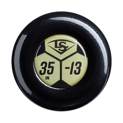 A round, black end cap with a yellow center displaying “LS” and “35 IN -13,” characteristic of the Louisville Slugger Pro Prime Alloy Fungo (-13) 35″ Black Training Bat.
