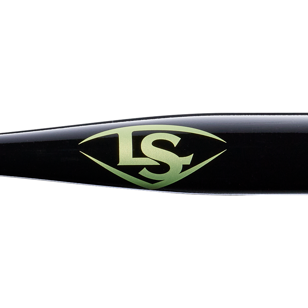 A close-up of the Louisville Slugger Pro Prime Alloy Fungo (-13) 35″ Black Training Bat (model WBL42010102235) showcases a green LS logo in a diamond shape on its black finish, set against a white background.