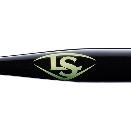 A close-up of the Louisville Slugger Pro Prime Alloy Fungo (-13) 35″ Black Training Bat (model WBL42010102235) showcases a green LS logo in a diamond shape on its black finish, set against a white background.