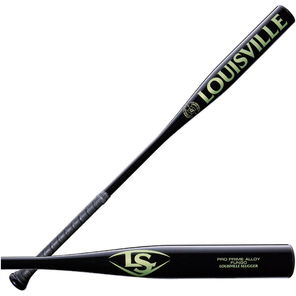 A pair of black Louisville Slugger Pro Prime Alloy Fungo (-13) 35″ Training Bats (WBL42010102235), each displaying the LOUISVILLE and LS logos in yellow-green, features a textured grip and durable alloy barrel—perfect for fungo drills or training sessions, expertly crafted by Louisville Slugger for lasting performance.