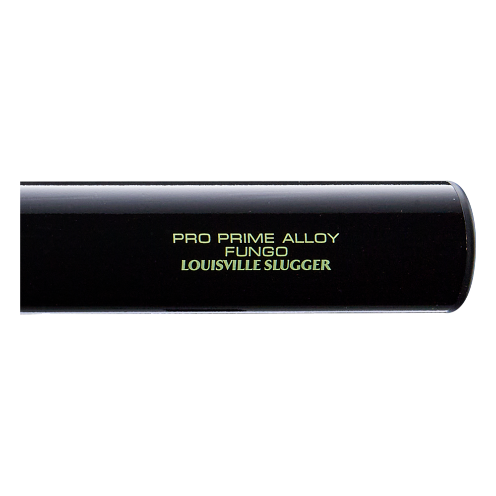Close-up of the Louisville Slugger Pro Prime Alloy Fungo (-13) 35″ Black Training Bat (model WBL42010102235), featuring gold “Louisville Slugger” branding on the side—a reliable training bat ideal for both coaches and players.
