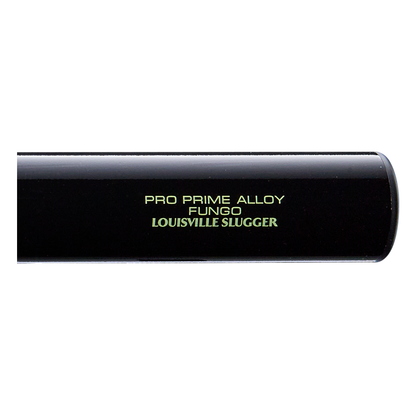 Close-up of the Louisville Slugger Pro Prime Alloy Fungo (-13) 35″ Black Training Bat (model WBL42010102235), featuring gold “Louisville Slugger” branding on the side—a reliable training bat ideal for both coaches and players.