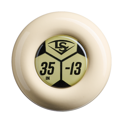 A cream-colored baseball bat knob with a yellow and black sticker displaying “LS,” “35 IN,” and “-13” identifies this item as the Louisville Slugger Pro Prime Alloy Fungo (-13) 35″ Ivory Training Bat (WBL42020102235). Built with durable Pro Prime Alloy construction, this training bat is designed for coaches and players who demand top performance from their equipment.