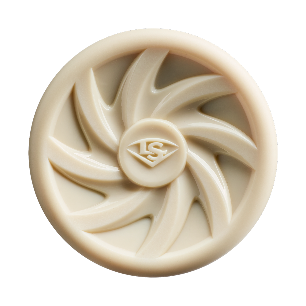A round, beige object featuring a swirling blade motif and a raised LS logo at the center, reminiscent of the distinctive design elements seen on Louisville Slugger’s Pro Prime Alloy Fungo (-13) 35″ Ivory Training Bat (WBL42020102235).