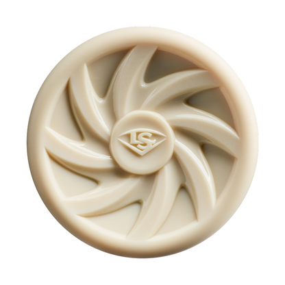 A round, beige object featuring a swirling blade motif and a raised LS logo at the center, reminiscent of the distinctive design elements seen on Louisville Slugger’s Pro Prime Alloy Fungo (-13) 35″ Ivory Training Bat (WBL42020102235).
