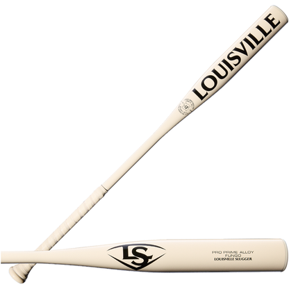 Two ivory Louisville Slugger Pro Prime Alloy Fungo (-13) 35″ training bats are shown—one from the side and one from the top—each displaying LOUISVILLE in black lettering and an LS logo near the barrel end. Designed for coaches and players, these Louisville Slugger bats deliver durability and performance with their Pro Prime Alloy construction, making them ideal for precision training.