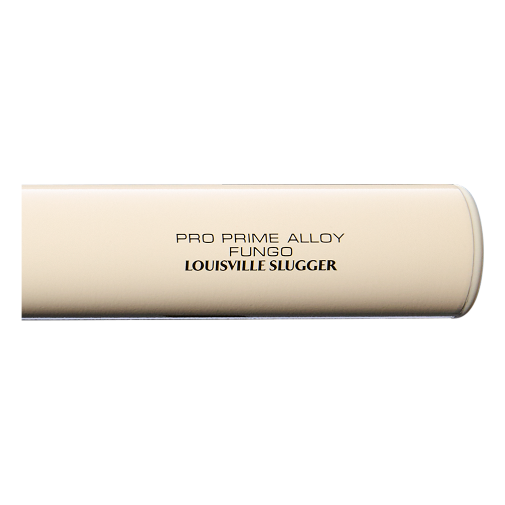 Close-up of the Louisville Slugger Pro Prime Alloy Fungo (-13) 35″ Ivory Training Bat (WBL42020102235), featuring black “PRO PRIME ALLOY FUNGO LOUISVILLE SLUGGER” text on the barrel—an ideal training bat for both coaches and players.
