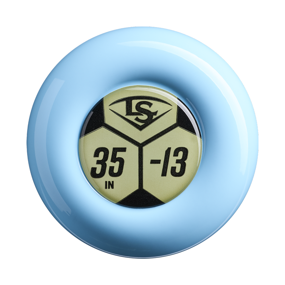 A light blue plastic ring surrounds a round badge featuring a yellow and black hexagon pattern with the text “LS,” “35 IN,” and “-13,” identifying this as part of the Louisville Slugger Pro Prime Alloy Fungo (-13) 35″ Light Blue Training Bat (model WBL42060102235) lineup from Louisville Slugger.