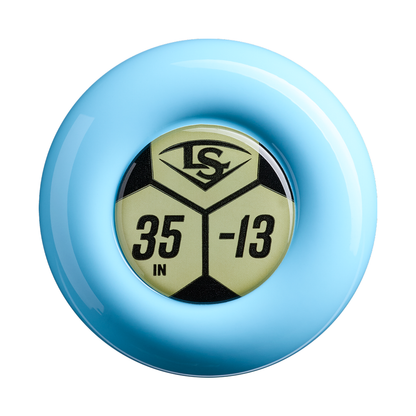 A light blue plastic ring surrounds a round badge featuring a yellow and black hexagon pattern with the text “LS,” “35 IN,” and “-13,” identifying this as part of the Louisville Slugger Pro Prime Alloy Fungo (-13) 35″ Light Blue Training Bat (model WBL42060102235) lineup from Louisville Slugger.