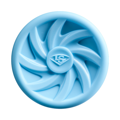 A round, light blue object with a swirling, fan-like design and a raised “LS” logo at its center, evoking the innovative craftsmanship of the Louisville Slugger Pro Prime Alloy Fungo (-13) 35″ Light Blue Training Bat.