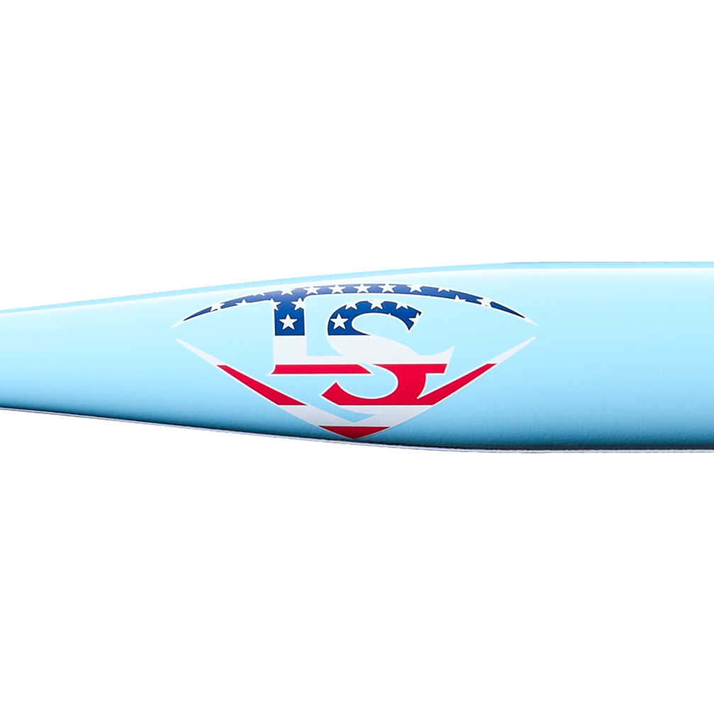 A striking light blue background features a diamond-shaped logo with TS in red, white, and blue, accented by stars and stripes reminiscent of the American flag. The design pays homage to baseball tradition and captures the spirit of the Louisville Slugger Pro Prime Alloy Fungo (-13) 35″ Light Blue Training Bat (WBL42060102235).