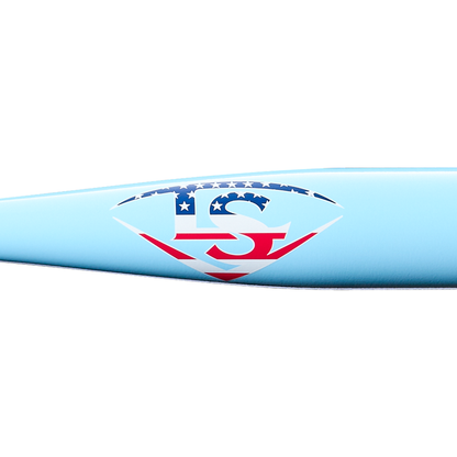 A striking light blue background features a diamond-shaped logo with TS in red, white, and blue, accented by stars and stripes reminiscent of the American flag. The design pays homage to baseball tradition and captures the spirit of the Louisville Slugger Pro Prime Alloy Fungo (-13) 35″ Light Blue Training Bat (WBL42060102235).