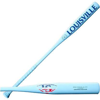 The Louisville Slugger Pro Prime Alloy Fungo (-13) 35″ Light Blue Training Bat (WBL42060102235) is displayed from two angles, featuring the LOUISVILLE SLUGGER brand name in bold blue letters and the logo near the barrel, highlighting its quality as a top-tier training bat.