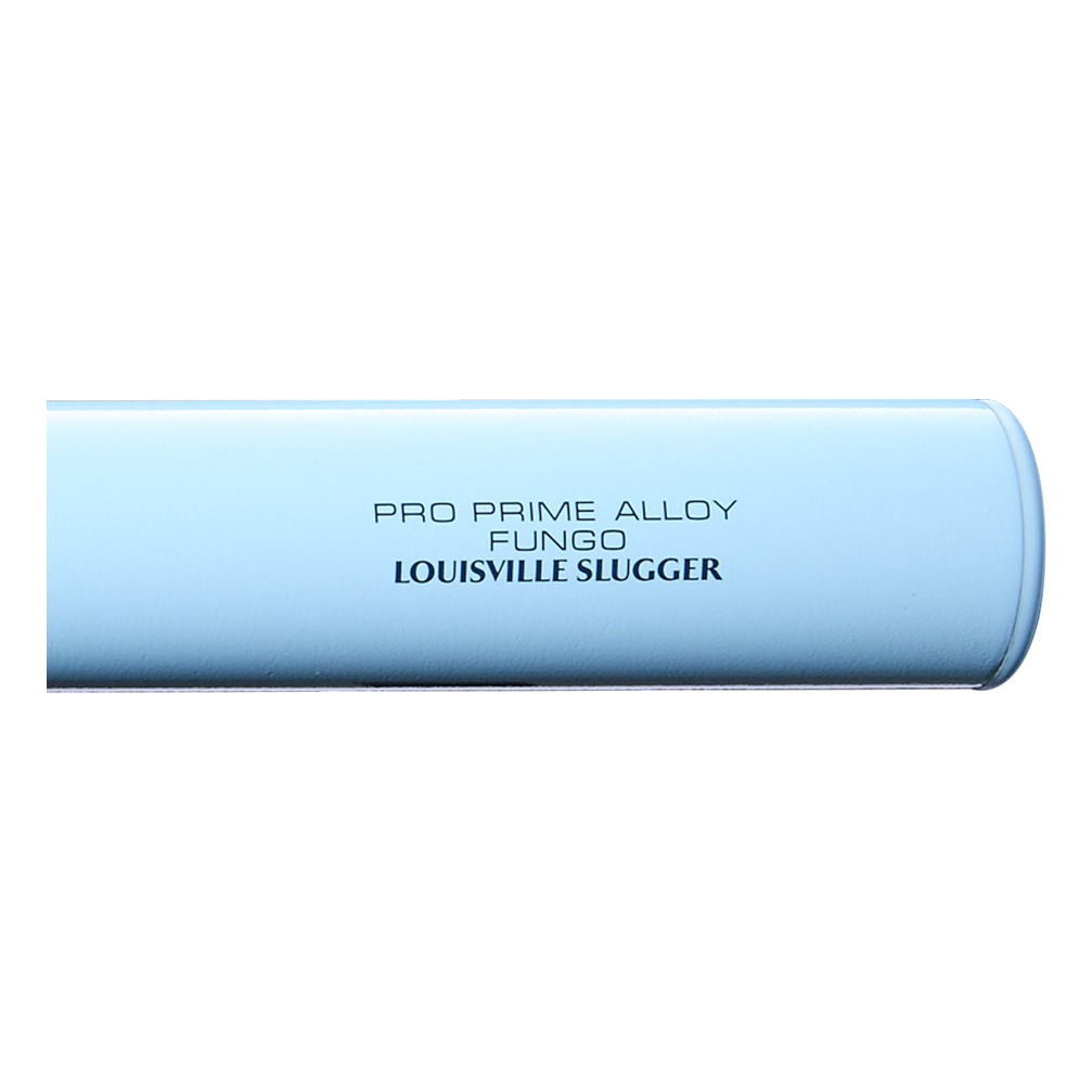 A close-up of the Louisville Slugger Pro Prime Alloy Fungo (-13) 35″ Light Blue Training Bat (WBL42060102235), featuring the text “PRO PRIME ALLOY FUNGO LOUISVILLE SLUGGER” printed in black on the barrel, highlights this premium Louisville Slugger training bat.