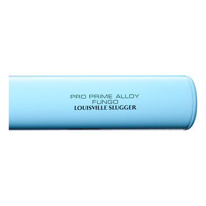 A close-up of the Louisville Slugger Pro Prime Alloy Fungo (-13) 35″ Light Blue Training Bat (WBL42060102235), featuring the text “PRO PRIME ALLOY FUNGO LOUISVILLE SLUGGER” printed in black on the barrel, highlights this premium Louisville Slugger training bat.