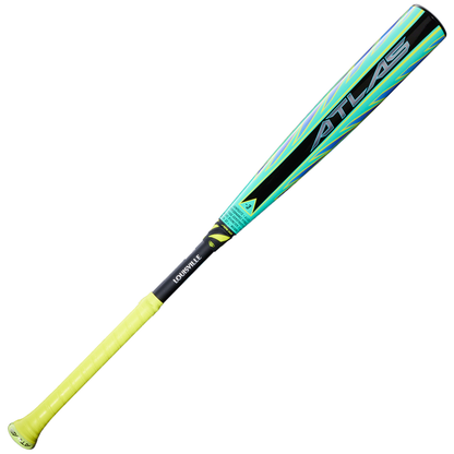A green Louisville Slugger Atlas Hybrid (-3) BBCOR Baseball Bat (WBL4231010), featuring an alloy barrel and neon yellow grip, is displayed on a white background.