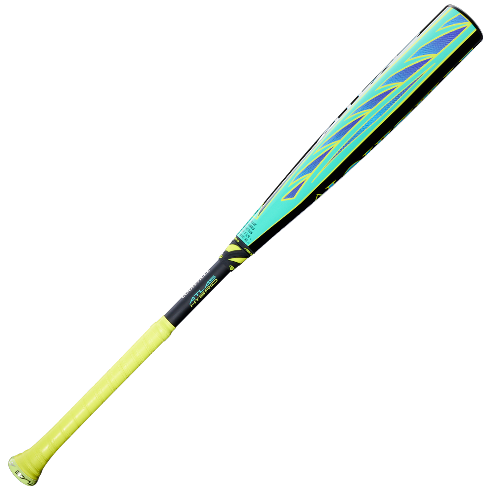 The 2026 Louisville Slugger Atlas Hybrid Green (-3) BBCOR Baseball Bat (WBL4231010) features a light green handle, black accent, and a blue and yellow zigzag pattern on its alloy barrel.