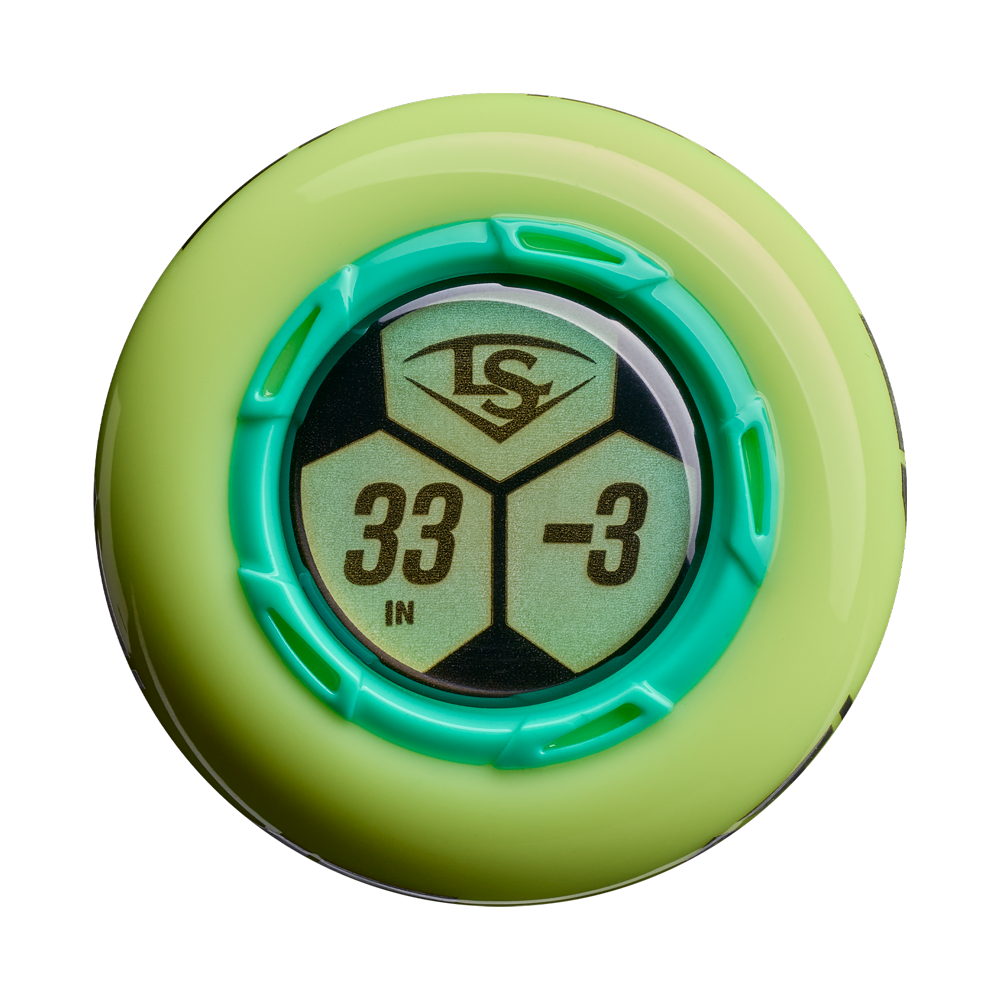 A round, lime green end cap with a teal ring and LS, 33 IN, and -3 at the center—matching the Louisville Slugger Atlas Hybrid Green (-3) BBCOR Baseball Bat (WBL4231010)—is shown on a white background.