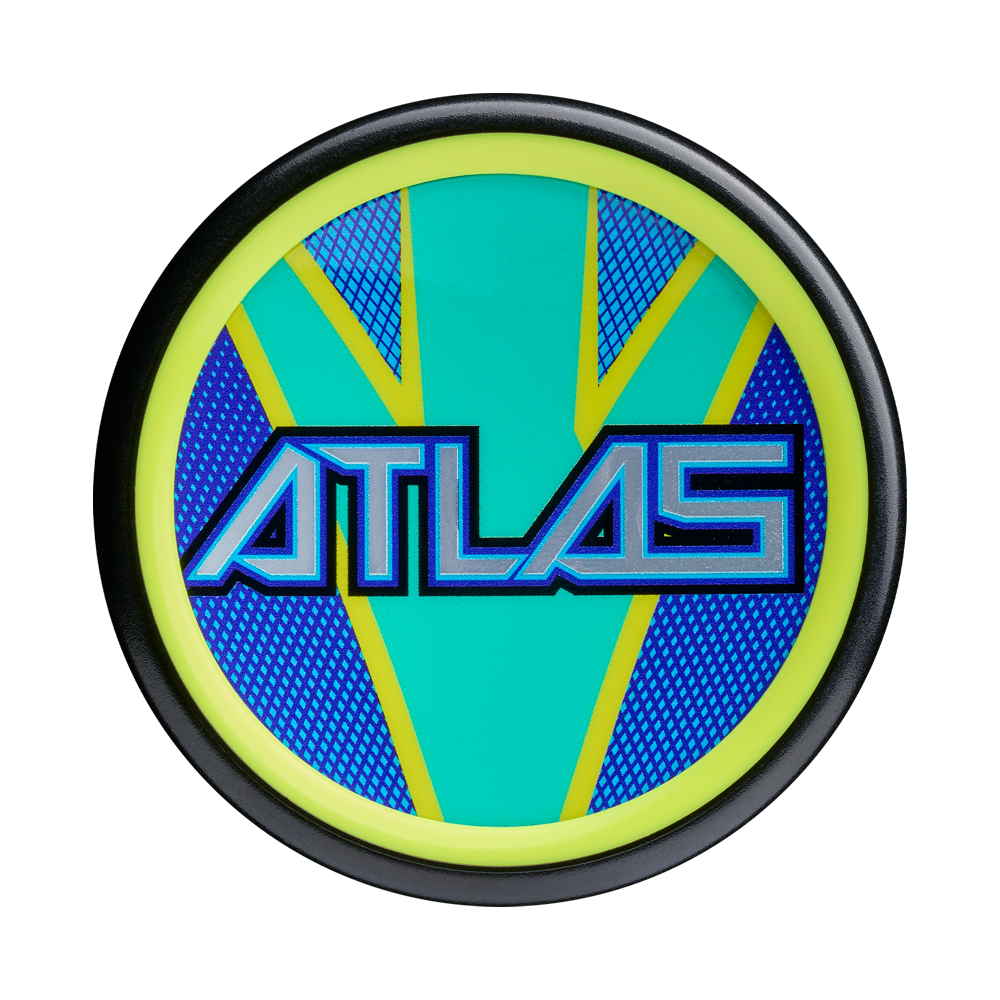 A round disc features a black rim, neon yellow ring, and bold blue-green geometric center, echoing the 2026 Louisville Slugger Atlas Hybrid Green (-3) BBCOR Baseball Bat. “ATLAS” appears in stylized blue letters across the middle.