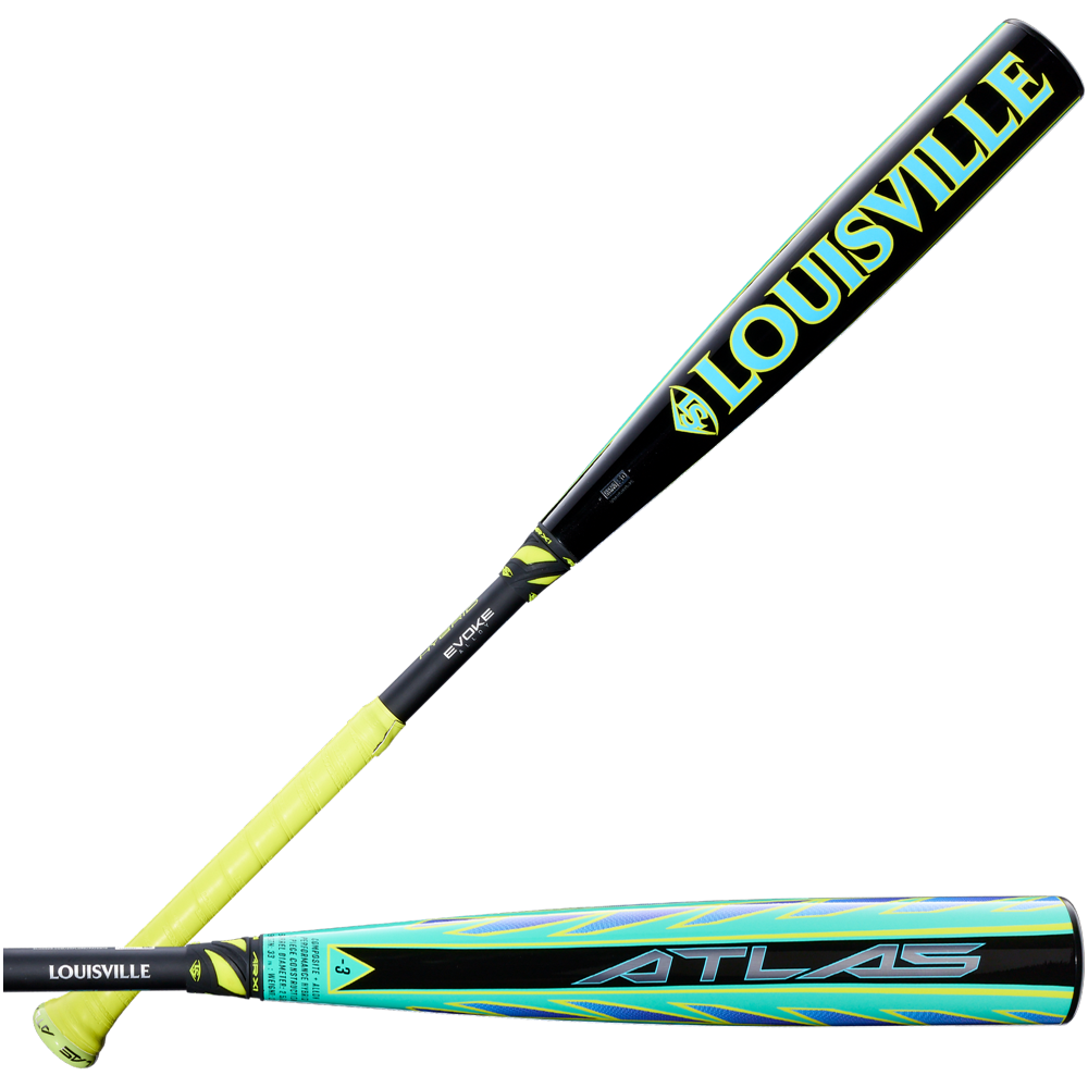 Two baseball bats in neon yellow, turquoise, and black designs. One shows the 2026 Louisville Slugger Atlas Hybrid Green (-3) BBCOR Baseball Bat: WBL4231010 with an alloy barrel; both have a striking yellow grip.