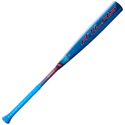 A blue and red 2027 Louisville Slugger Atlas Hybrid (-3) BBCOR Baseball Bat (WBL4246010) with "ATLAS" on the EVOKE Alloy Barrel and a grip-wrapped handle, shown on a white background.
