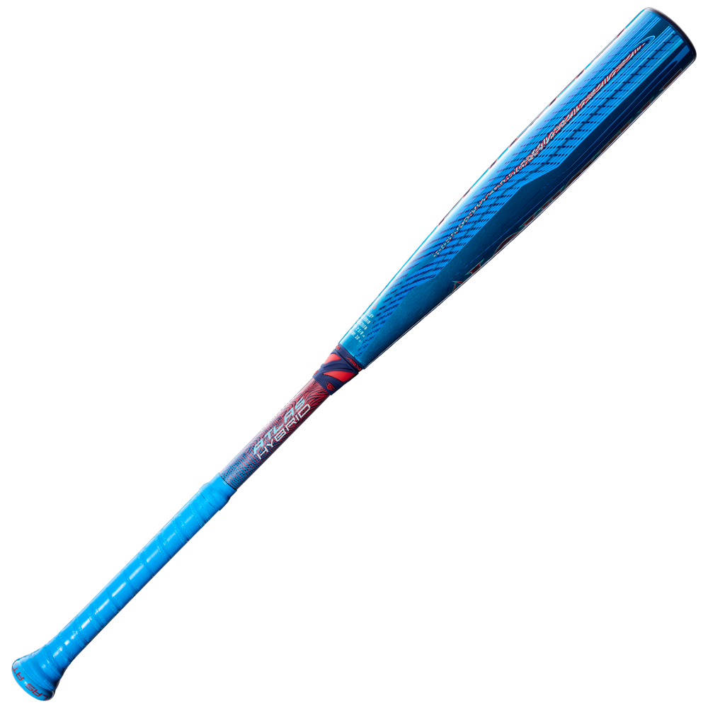 The 2027 Louisville Slugger Atlas Hybrid (-3) BBCOR Baseball Bat (WBL4246010) features a blue finish with black and red accents, textured grip, sleek design, and an EVOKE Alloy Barrel, displayed against a plain white background.