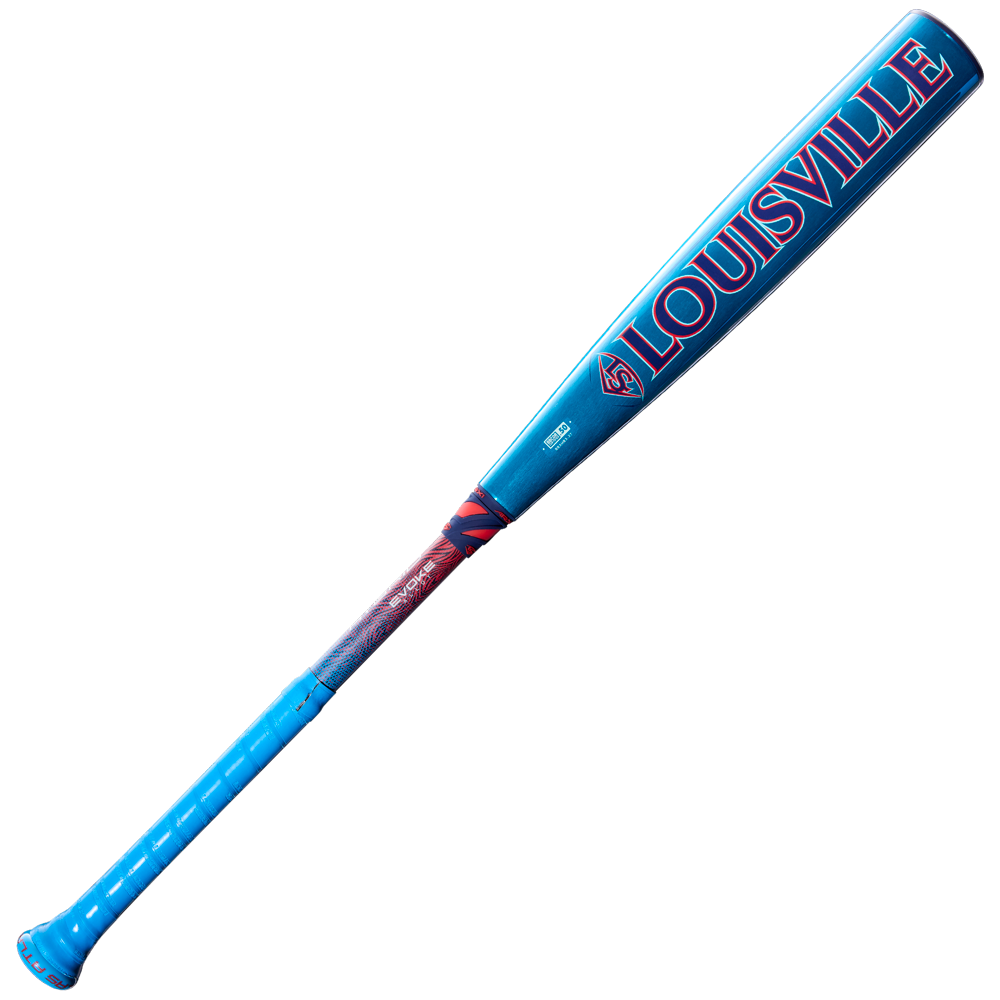 A 2027 Louisville Slugger Atlas Hybrid (-3) BBCOR Baseball Bat (WBL4246010) in blue and red, featuring LOUISVILLE prominently on the EVOKE Alloy Barrel, displayed against a white background.