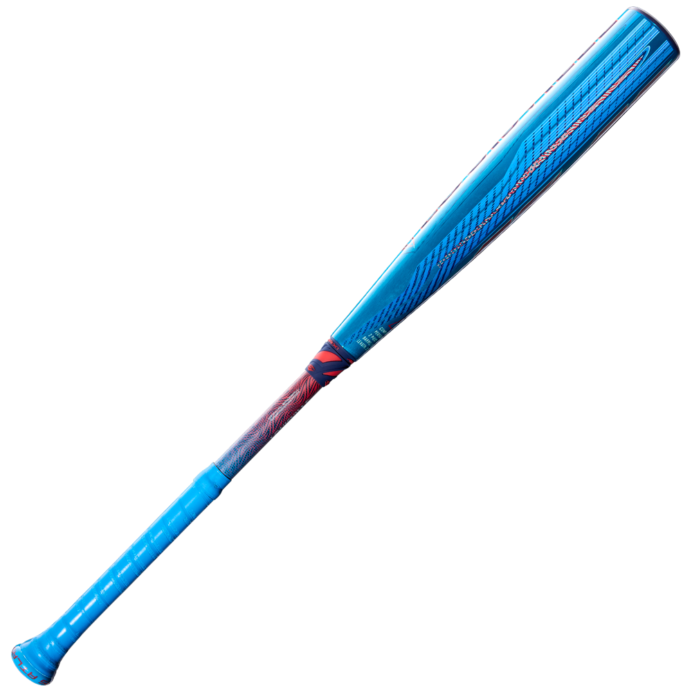 The 2027 Louisville Slugger Atlas Hybrid (-3) BBCOR Baseball Bat (WBL4246010) in blue and red, featuring a textured grip handle and EVOKE Alloy Barrel, is angled diagonally on a plain white background.