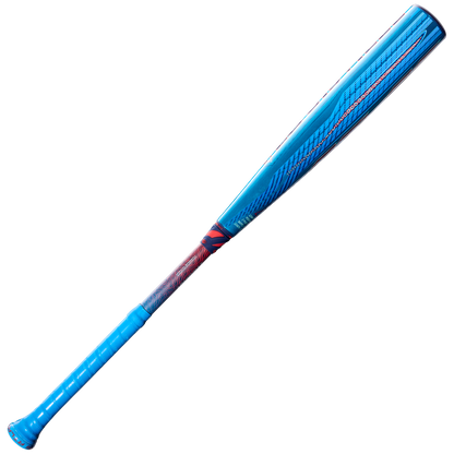 The 2027 Louisville Slugger Atlas Hybrid (-3) BBCOR Baseball Bat (WBL4246010) in blue and red, featuring a textured grip handle and EVOKE Alloy Barrel, is angled diagonally on a plain white background.