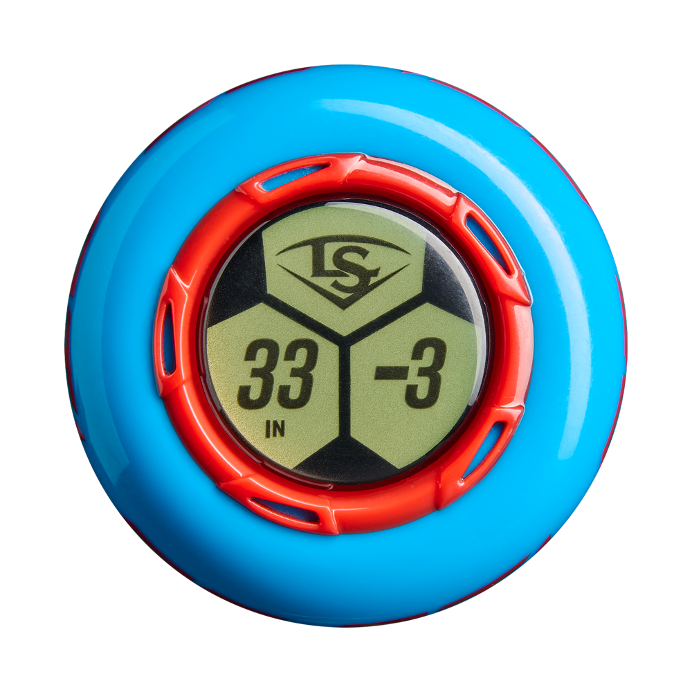 A round digital display with blue/red casing shows "33 IN" and "-3", plus LS and a geometric logo—ideal for sizing the 2027 Louisville Slugger Atlas Hybrid (-3) BBCOR Baseball Bat: WBL4246010 from Louisville Slugger.