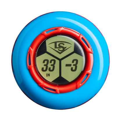 A round digital display with blue/red casing shows "33 IN" and "-3", plus LS and a geometric logo—ideal for sizing the 2027 Louisville Slugger Atlas Hybrid (-3) BBCOR Baseball Bat: WBL4246010 from Louisville Slugger.
