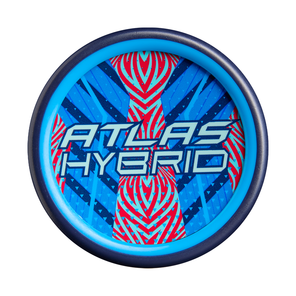A blue and black disc with a bold red, blue, and white geometric center design displays “ATLAS HYBRID,” reflecting the sleek look of the 2027 Louisville Slugger Atlas Hybrid (-3) BBCOR Baseball Bat: WBL4246010 by Louisville Slugger.