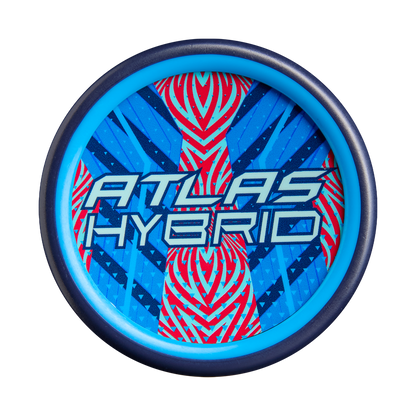 A blue and black disc with a bold red, blue, and white geometric center design displays “ATLAS HYBRID,” reflecting the sleek look of the 2027 Louisville Slugger Atlas Hybrid (-3) BBCOR Baseball Bat: WBL4246010 by Louisville Slugger.