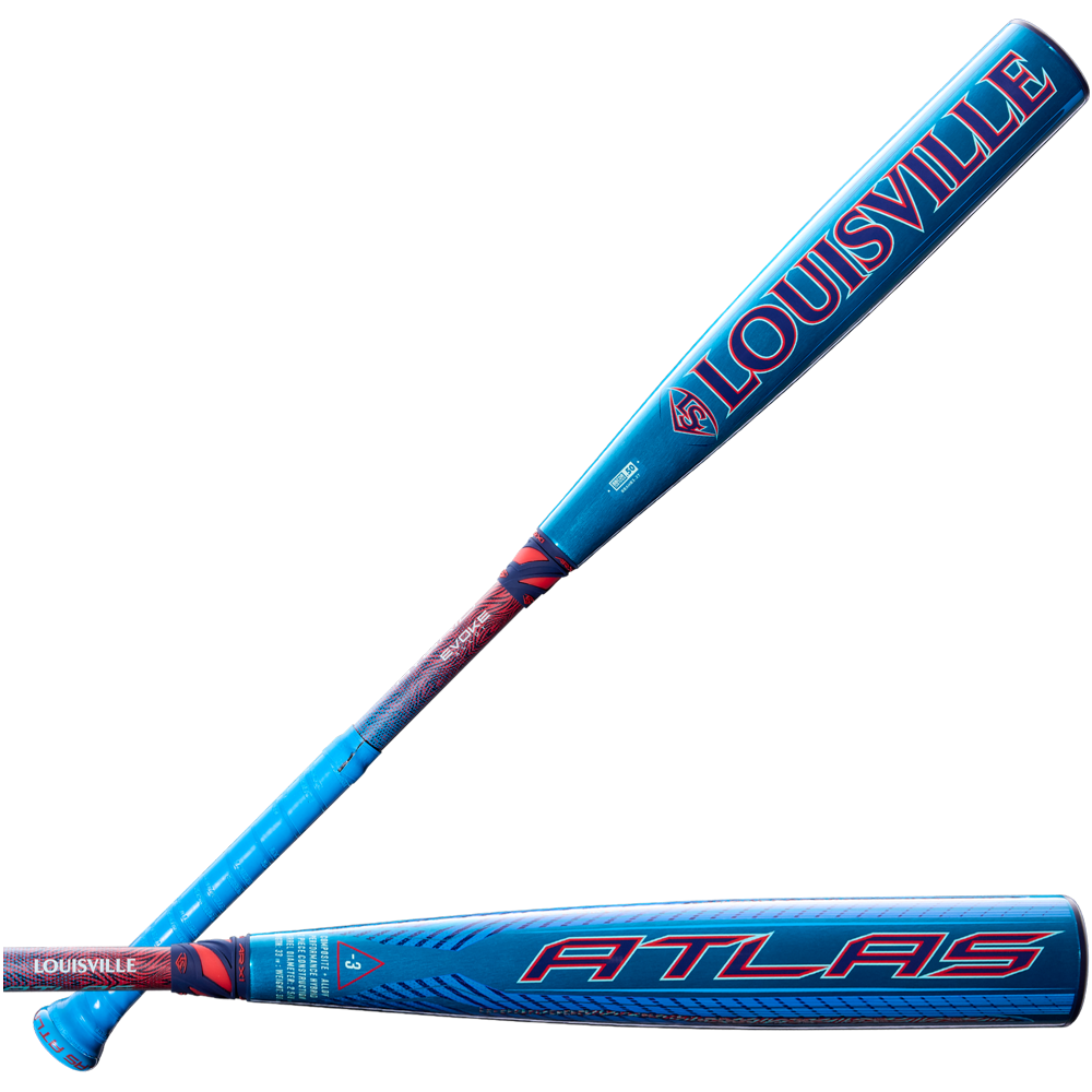 Two 2027 Louisville Slugger Atlas Hybrid (-3) BBCOR Baseball Bats (WBL4246010) are shown, one with the LOUISVILLE logo and the other with ATLAS. Both feature striking red and blue accents on the handle.