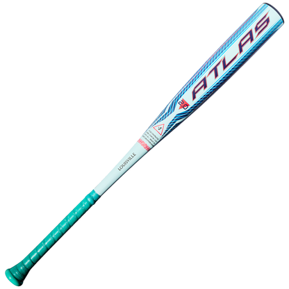 Introducing the 2027 Louisville Slugger Atlas 2.0 (-3) BBCOR Baseball Bat (WBL4248010), showcasing a turquoise grip, white handle, and distinctive blue and red branding on a sleek white and blue barrel. Crafted with innovative EVX Alloy Technology for superior durability and performance, this bat delivers a balanced swing weight to ensure smooth, controlled swings every time you’re at the plate.