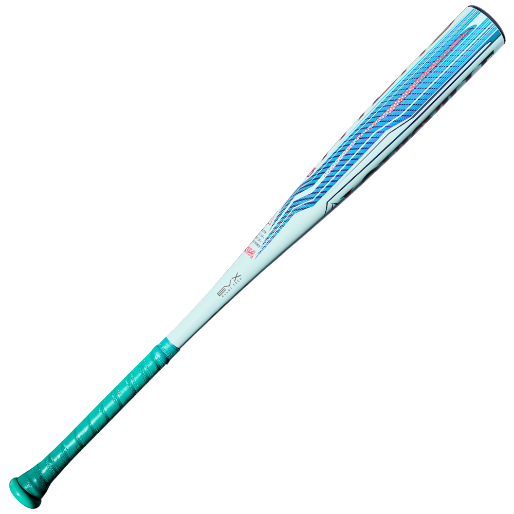 The Louisville Slugger 2027 Atlas 2.0 (-3) BBCOR Baseball Bat (WBL4248010) features a teal handle and white barrel accented with blue and pink geometric designs on the upper part, delivering a balanced swing weight and enhanced durability with advanced EVX Alloy Technology.