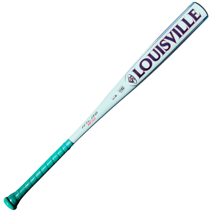 The 2027 Louisville Slugger Atlas 2.0 (-3) BBCOR Baseball Bat (WBL4248010) features a white design with a teal grip and bold red LOUISVILLE lettering along the barrel. This bat delivers a balanced swing weight and incorporates advanced EVX Alloy Technology for top performance.