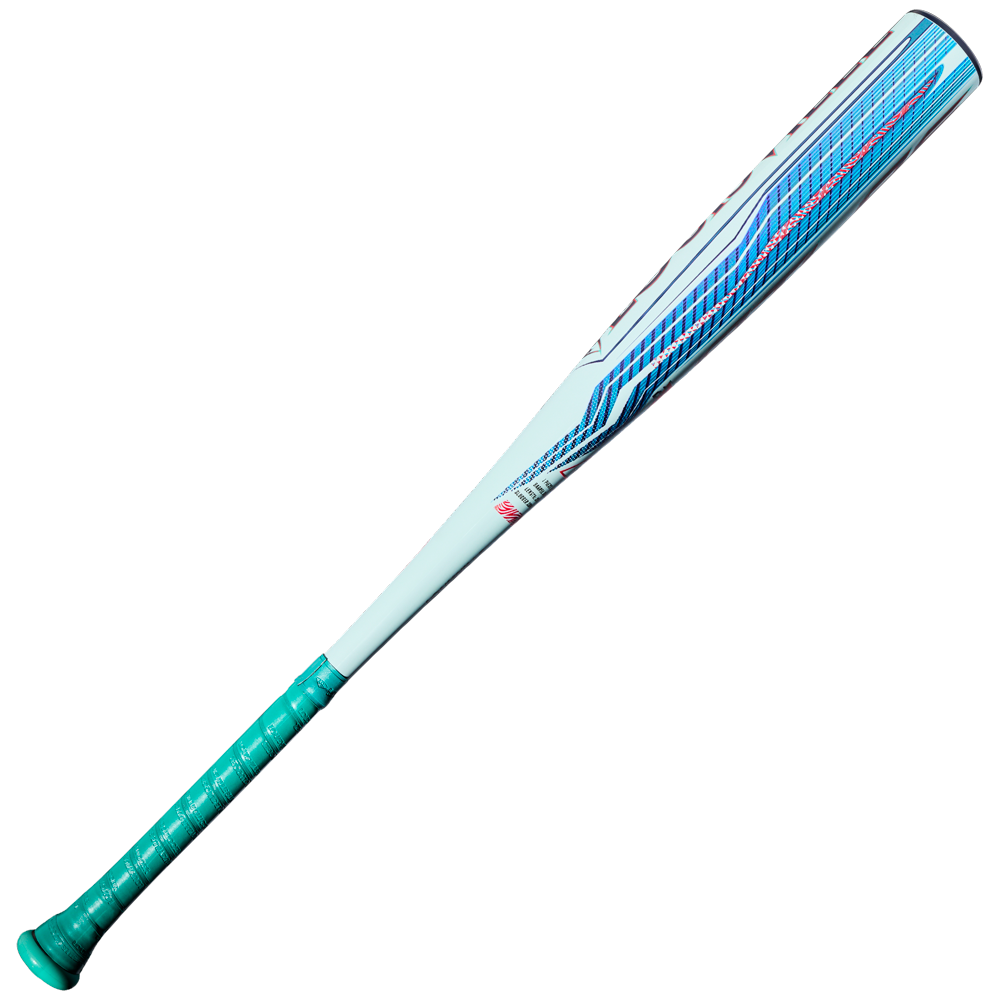 The 2027 Louisville Slugger Atlas 2.0 (-3) BBCOR Baseball Bat (WBL4248010) by Louisville Slugger is shown isolated on a white background, featuring a light blue barrel with geometric blue and red designs, a green handle, and crafted with advanced EVX Alloy Technology for a balanced swing weight.