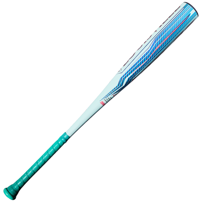 The 2027 Louisville Slugger Atlas 2.0 (-3) BBCOR Baseball Bat (WBL4248010) by Louisville Slugger is shown isolated on a white background, featuring a light blue barrel with geometric blue and red designs, a green handle, and crafted with advanced EVX Alloy Technology for a balanced swing weight.