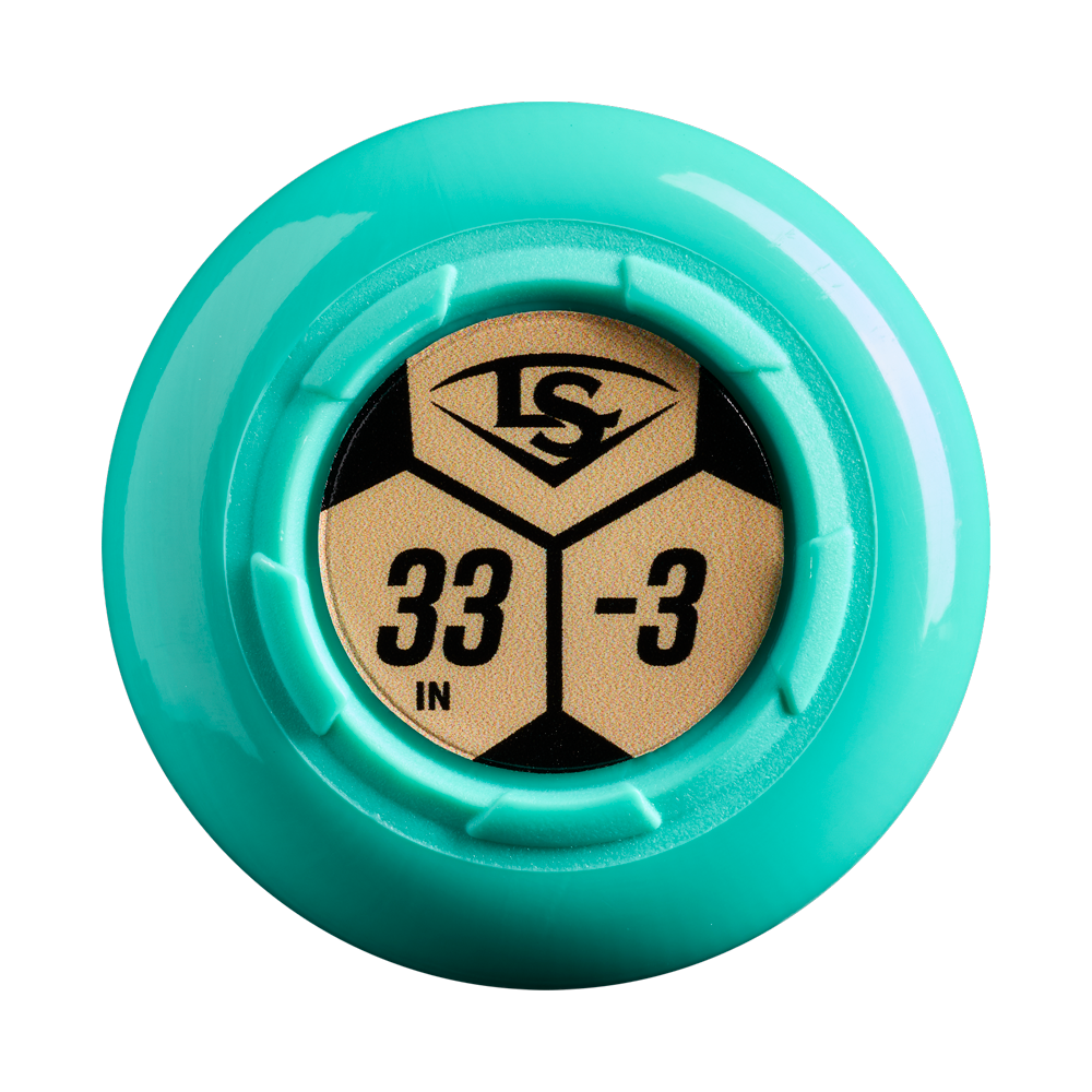 A close-up of the turquoise knob of the 2027 Louisville Slugger Atlas 2.0 (-3) BBCOR Baseball Bat (WBL4248010) shows “33 IN,” “-3,” and the signature Louisville Slugger logo on a gold and black hexagonal pattern, highlighting the bat’s balanced swing weight and advanced BBCOR construction.