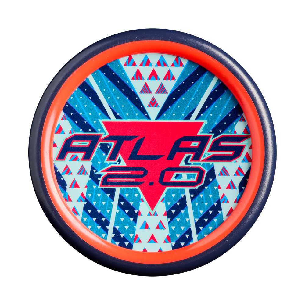 Circular object featuring a dark rim, vivid orange edge, and a striking geometric design in blue and red. At the center, bold text reads “ATLAS 2.0” over a red triangle, surrounded by dynamic blue and red abstract patterns—an ideal reflection of the balanced swing weight inspired by the innovative design of the 2027 Louisville Slugger Atlas 2.0 (-3) BBCOR Baseball Bat: WBL4248010 from Louisville Slugger.