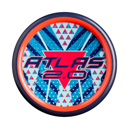 Circular object featuring a dark rim, vivid orange edge, and a striking geometric design in blue and red. At the center, bold text reads “ATLAS 2.0” over a red triangle, surrounded by dynamic blue and red abstract patterns—an ideal reflection of the balanced swing weight inspired by the innovative design of the 2027 Louisville Slugger Atlas 2.0 (-3) BBCOR Baseball Bat: WBL4248010 from Louisville Slugger.