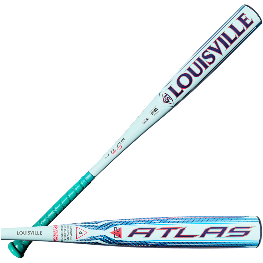 Two views of the 2027 Louisville Slugger Atlas 2.0 (-3) BBCOR Baseball Bat (WBL4248010): one featuring the LOUISVILLE branding in red letters along the barrel, and the other highlighting the ATLAS logo set against a blue, white, and teal design. This bat from Louisville Slugger offers a balanced swing weight and incorporates advanced EVX Alloy Technology to optimize performance.