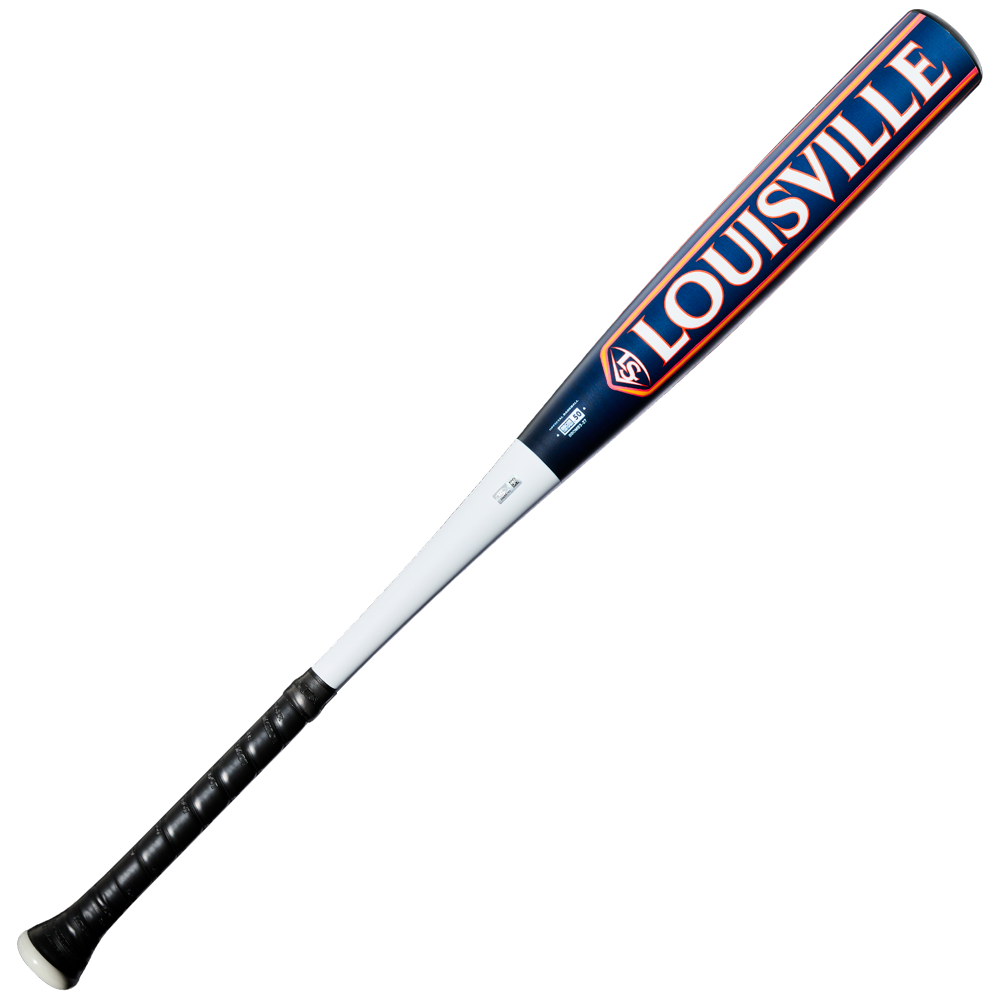 The 2027 Louisville Slugger Omaha (-3) BBCOR Baseball Bat (WBL4249010) features a black grip, white handle, and blue barrel adorned with the word LOUISVILLE in bold orange and white letters. This one-piece alloy bat by Louisville Slugger delivers powerful performance with a balanced swing.