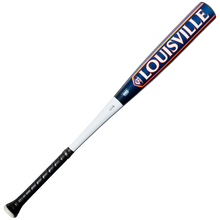 The 2027 Louisville Slugger Omaha (-3) BBCOR Baseball Bat (WBL4249010) features a black grip, white handle, and blue barrel adorned with the word LOUISVILLE in bold orange and white letters. This one-piece alloy bat by Louisville Slugger delivers powerful performance with a balanced swing.