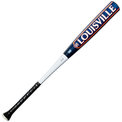 The 2027 Louisville Slugger Omaha (-3) BBCOR Baseball Bat (WBL4249010) features a black grip, white handle, and blue barrel adorned with the word LOUISVILLE in bold orange and white letters. This one-piece alloy bat by Louisville Slugger delivers powerful performance with a balanced swing.