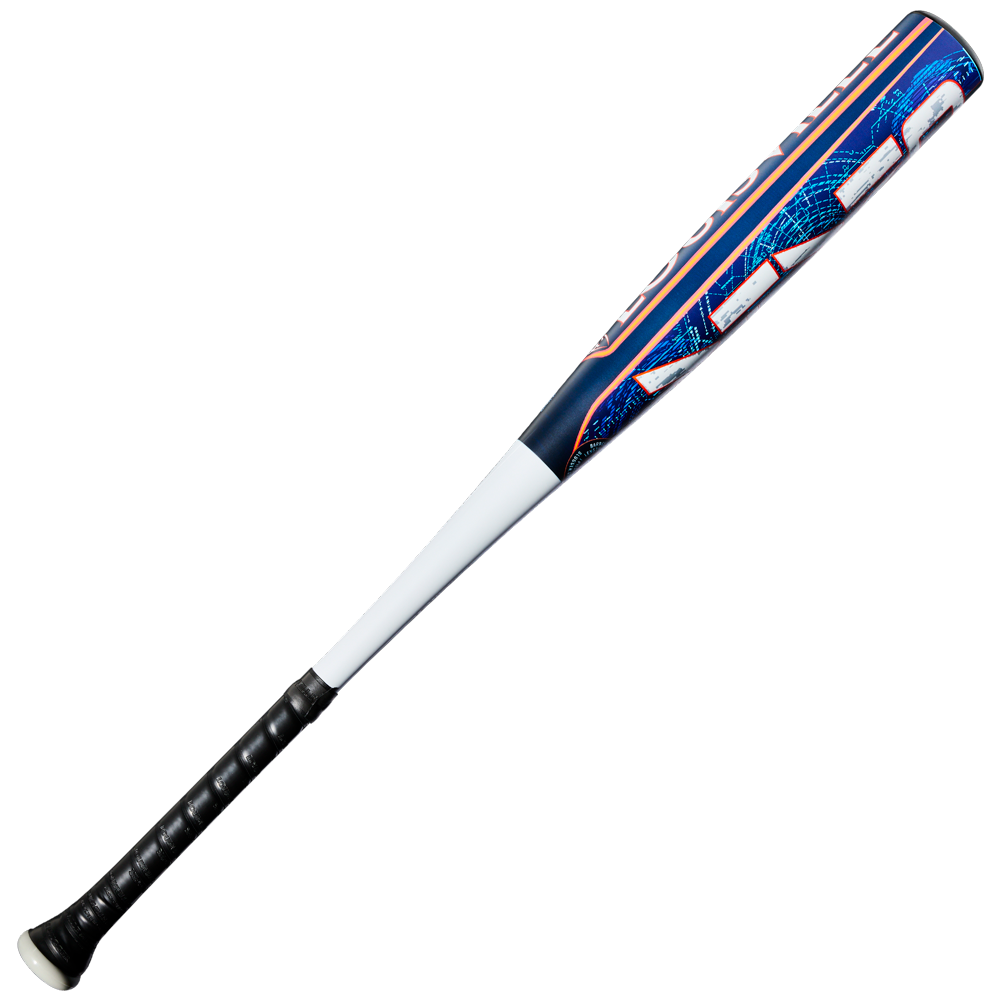 The Louisville Slugger Omaha (-3) BBCOR Baseball Bat: WBL4249010 is a one-piece alloy bat crafted by Louisville Slugger, featuring a sleek black handle, white grip area, and a blue barrel accentuated with bold orange and white graphics.