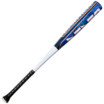 The Louisville Slugger Omaha (-3) BBCOR Baseball Bat: WBL4249010 is a one-piece alloy bat crafted by Louisville Slugger, featuring a sleek black handle, white grip area, and a blue barrel accentuated with bold orange and white graphics.