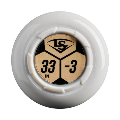 Featuring a white knob with a gold and black label displaying "33 IN -3" and the LS logo at the center, the 2027 Louisville Slugger Omaha (-3) BBCOR Baseball Bat (WBL4249010) showcases its durable one-piece alloy construction.